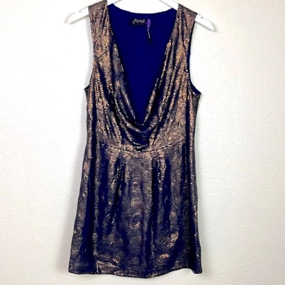 Free People cowl drape neck copper navy sequined dress size 6